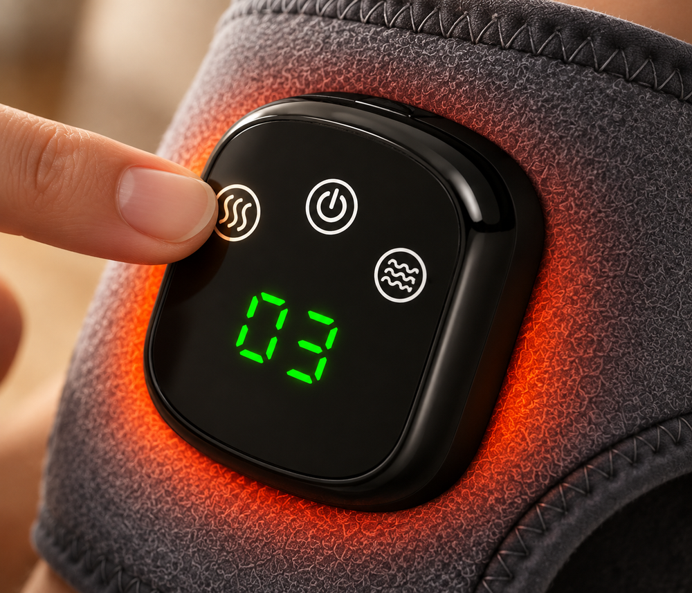 Panel sterowania Healvo HeatPulse™ — przyciski podgrzewania, zasilania i wibracji z wyświetlaczem