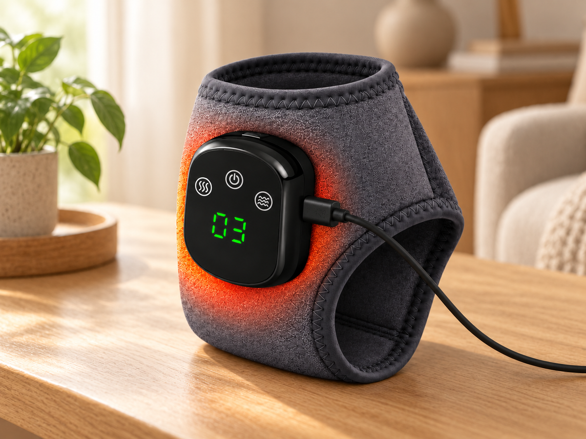 Healvo HeatPulse™ podłączony do ładowania na drewnianym stole